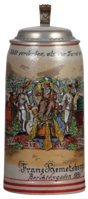 Stoneware stein, 1.0L, transfer, marked M. Bergmann, München, Hochlebe die edle Bierbrauerei, Franz Hemetsberger, Berchtesgaden, 1936, pewter lid, mint.  