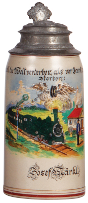 Stoneware stein, 1.0L, transfer & hand-painted, Occupational Eisenbahner [Railroad Worker], relief pewter lid, tight 1" hairline. From the Etheridge Collection. 