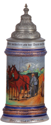 Stoneware stein, .5L, transfer & hand-painted, Occupational Hoteldiener [Hotel Bellman], pewter lid, pewter strap repaired, body mint. From the Etheridge Collection. 