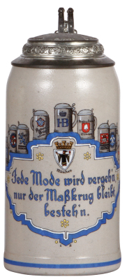 Stoneware stein, 1.0L, transfer & hand-painted, Munich Breweries, relief pewter lid with scene of Munich, mint.