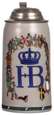 Stoneware stein, 1.0L, transfer & hand-painted, HB with people, pewter lid: Kgl. Hofbräuhaus München, rare, mint.