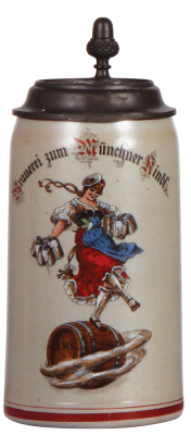 Stoneware stein, 1.0L, transfer & hand-painted, Brauerei zum Münchner Kindl, relief pewter lid: Brauerei zum Muenchner Kindl, small dent on the edge of the lid, otherwise mint.