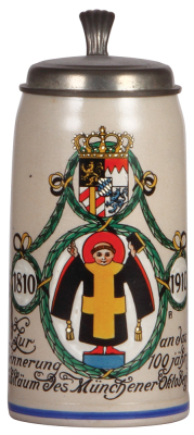 Stoneware stein, 1.0L, transfer & hand-painted, marked Offizieller Festkrug Oktoberfest 1910, Jubiläum des Münchener - Oktoberfestes, 1810 - 1910, signed F. Ringer, pewter lid, small white paint flake, otherwise mint.