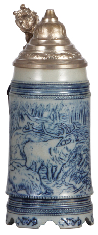 Stoneware stein, .5L, 9.2" ht., by Whites pottery, Utica, New York, mold number 45, hand-engraved, custom design, stag in forest, pewter lid, figural handle, rare, mint.