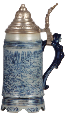 Stoneware stein, .5L, 9.2" ht., by Whites pottery, Utica, New York, mold number 45, hand-engraved, custom design, stag in forest, pewter lid, figural handle, rare, mint. - 2