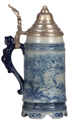 Stoneware stein, .5L, 9.2" ht., by Whites pottery, Utica, New York, mold number 45, hand-engraved, custom design, stag in forest, pewter lid, figural handle, rare, mint. - 3