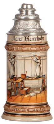Pottery stein, .5L, transfer & hand-painted, Occupational Stukateure [Stucco Worker], pewter lid, mint. From the Etheridge Collection & pictured in the Occupational Stein Book. 