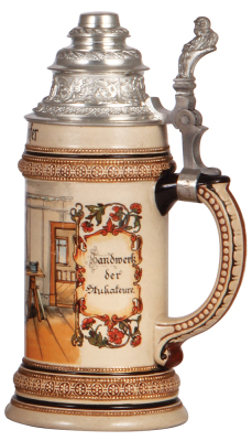 Pottery stein, .5L, transfer & hand-painted, Occupational Stukateure [Stucco Worker], pewter lid, mint. From the Etheridge Collection & pictured in the Occupational Stein Book.  - 2