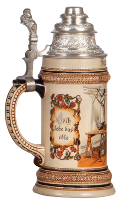 Pottery stein, .5L, transfer & hand-painted, Occupational Stukateure [Stucco Worker], pewter lid, mint. From the Etheridge Collection & pictured in the Occupational Stein Book.  - 3