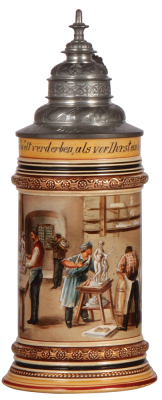Pottery stein, .5L, transfer & hand-painted, Occupational Gypser [Plasterer], pewter lid, rare, mint. From the Etheridge Collection & pictured in the Occupational Stein Book. 