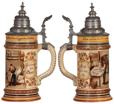 Pottery stein, .5L, transfer & hand-painted, Occupational Gypser [Plasterer], pewter lid, rare, mint. From the Etheridge Collection & pictured in the Occupational Stein Book.  - 2