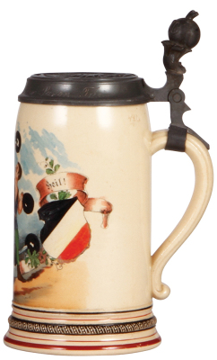 Pottery stein, .5L, transfer & hand-painted, Kraft Heil!, relief pewter lid, mint. - 2