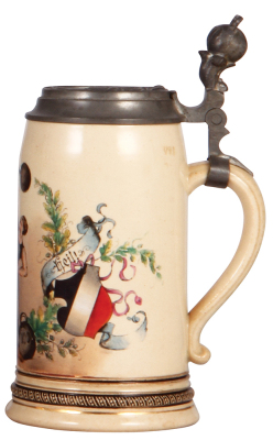 Pottery stein, .5L, transfer & hand-painted, Kraft Heil!, relief pewter lid, mint. - 2