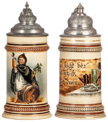 Two pottery steins, .5L, both transfer & hand-painted, Munich Child, pewter lid, mint; with, .5L, cat & fish, pewter lid, mint.