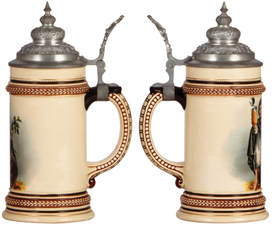 Two pottery steins, .5L, both transfer & hand-painted, Munich Child, pewter lid, mint; with, .5L, cat & fish, pewter lid, mint. - 2