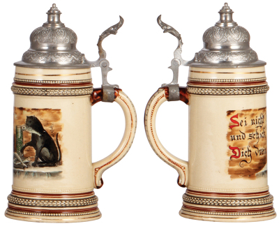 Two pottery steins, .5L, both transfer & hand-painted, Munich Child, pewter lid, mint; with, .5L, cat & fish, pewter lid, mint. - 3