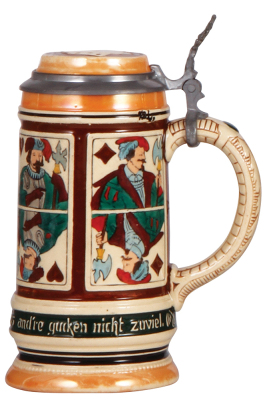 Pottery stein, .5L, etched, #1265, by Matthias Girmscheid, inlaid lid, mint. - 2