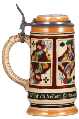 Pottery stein, .5L, etched, #1265, by Matthias Girmscheid, inlaid lid, mint. - 3