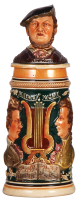 Pottery stein, .5L, relief, marked 1207, by Matthias Girmscheid, Beethoven & Mozart, pottery lid: Richard Wagner, small lid chip, base wear. 