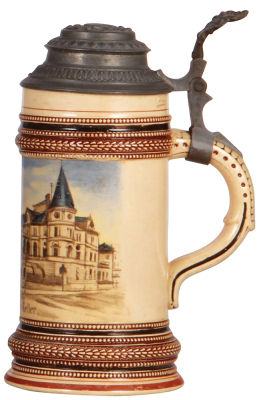 Pottery stein, .5L, transfer, marked 570, Löwenbräu Keller, pewter lid, some scratches on side. - 2