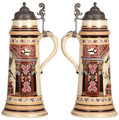 Pottery stein, 3.0L, 17.0" ht., threading, by Diesinger, #1376, pewter lid, gold wear on base, small handle chip. - 2