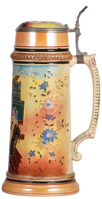 Pottery stein, 2.0L, 13.4" ht., threading, by Diesinger, inlaid lid, very good condition. - 2