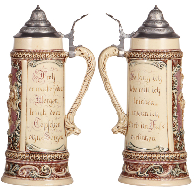 Two Diesinger steins, pottery, 1.0L, 12.9" ht., relief, #564, pewter lid; with, 1.0L, relief, #610, pewter lid, both very good condition. - 3