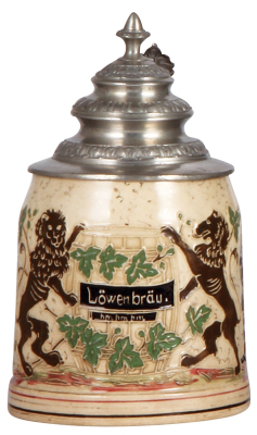 Pottery stein, .5L, threading, marked 1169, Löwenbräu, pewter lid, mint.