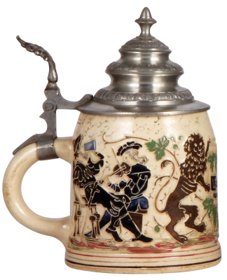 Pottery stein, .5L, threading, marked 1169, Löwenbräu, pewter lid, mint. - 3