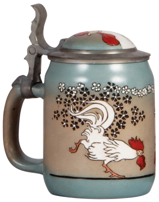 Pottery stein, .5L, etched, marked H.R., 510, by Hauber & Reuther, inlaid lid, mint. - 2