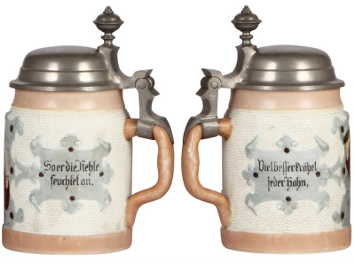 Two steins, pottery, .5L, etched, marked H.R., 159, by Hauber & Reuther, pewter lid; with, .5L, porcelain, marked H.R., 168, by Hauber & Reuther, pewter lid, mint.  - 3