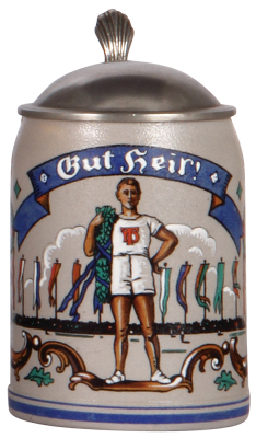 Stoneware stein, .5L, transfer & hand-painted, marked Marzi & Remy, Gut Heil!, 4F, pewter lid, mint.
