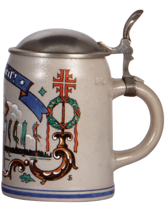 Stoneware stein, .5L, transfer & hand-painted, marked Marzi & Remy, Gut Heil!, 4F, pewter lid, mint. - 2