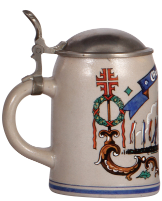 Stoneware stein, .5L, transfer & hand-painted, marked Marzi & Remy, Gut Heil!, 4F, pewter lid, mint. - 3