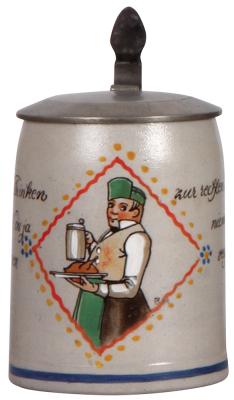 Stoneware stein, .5L, transfer & hand-painted, marked M. & W. Gr., signed F. Ringer, pewter lid, mint.