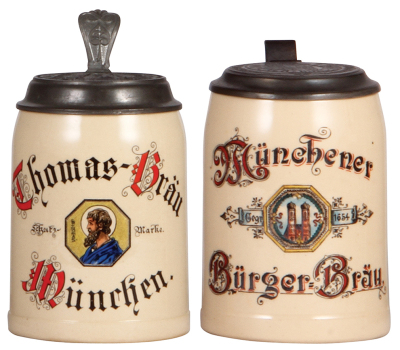 Two pottery steins, .4L, transfer & handpainted, marked L. Thannemann & Cie., München, Thomas-Bräu, München, matching relief pewter lid, name of owner on underside, otherwise mint; with, .5L, transfer & handpainted, marked M. & W. Gr., Münchener Bürger-Br