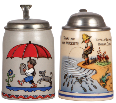 Two steins, 5L, stoneware, transfer and hand-painted, pewter lid, mint; with, .5L, pottery, transfer, Trink nur kein Wasser! Sevilla-Biltmore, Havana, Cuba, pewter lid, mint.