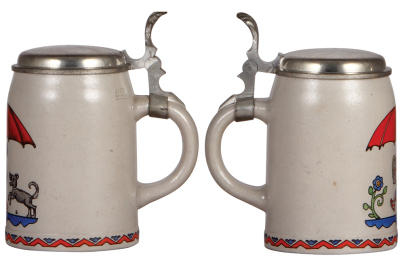 Two steins, 5L, stoneware, transfer and hand-painted, pewter lid, mint; with, .5L, pottery, transfer, Trink nur kein Wasser! Sevilla-Biltmore, Havana, Cuba, pewter lid, mint. - 2