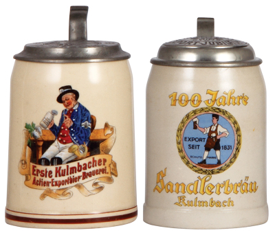 Two steins, .4L, pottery, transfer & hand-painted, Erste Kulmbacher Actien-Exportbier Brauerei, matching impressed pewter lid, slight wear to red base band, otherwise mint; with, 5L, stoneware, transfer, Sandlerbräu, Kulmbach, 100 Jahre, impressed pewter 