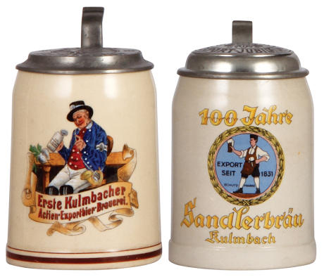Two steins, .4L, pottery, transfer & hand-painted, Erste Kulmbacher Actien-Exportbier Brauerei, matching impressed pewter lid, slight wear to red base band, otherwise mint; with, 5L, stoneware, transfer, Sandlerbräu, Kulmbach, 100 Jahre, impressed pewter