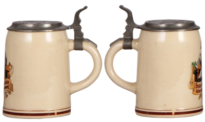 Two steins, .4L, pottery, transfer & hand-painted, Erste Kulmbacher Actien-Exportbier Brauerei, matching impressed pewter lid, slight wear to red base band, otherwise mint; with, 5L, stoneware, transfer, Sandlerbräu, Kulmbach, 100 Jahre, impressed pewter - 2