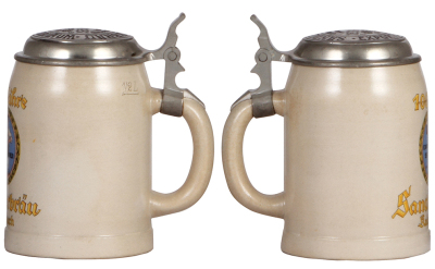 Two steins, .4L, pottery, transfer & hand-painted, Erste Kulmbacher Actien-Exportbier Brauerei, matching impressed pewter lid, slight wear to red base band, otherwise mint; with, 5L, stoneware, transfer, Sandlerbräu, Kulmbach, 100 Jahre, impressed pewter - 3