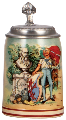 Pottery stein, .5L, transfer & handpainted, Kolpings Turnerschaft München Abtlg. Schwabing, pewter lid: Ver. Wettkampf 1920 Kugelstossen 1. Preis, mint 