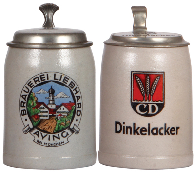 Two stoneware steins, .5L, transfer & hand-painted, Brauerei Liebhard, Aying bei München, pewter lid; with, .5L, transfer, Dinkelacker, matching impressed pewter lid, mint.