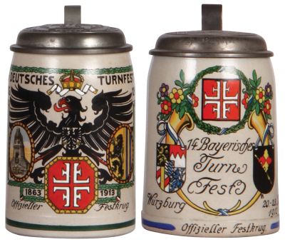 Two stoneware steins, .5L, transfer & hand-painted, XII. Deutsches Turnfest, Leipzig, 1863 - 1913, relief 4F pewter lid, mint; with, .5L, transfer & hand-painted, 14. Bayerisches Turn Fest, Würzburg, 1912, signed F. Ringer, relief pewter lid with Würzburg
