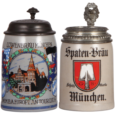 Two stoneware steins, .5L, transfer & hand-painted, Löwenbräu, München, H.M.M.B.A. European Tour, 13.V.14, impressed pewter lid: Löwenbräu, München, slight wear to blue bands; with, .4L, transfer & hand-painted, Spaten-Bräu, München, original custom relie