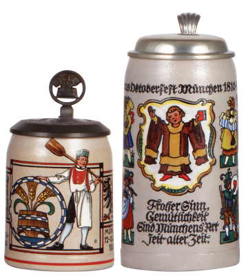 Two stoneware steins, .5L, transfer & hand-painted, Deutscher Brau u. Malz Meisterbund, München, 12. - 15. Juni, 1909, by F. Ringer, relief pewter lid, mint; with, 1.0L, transfer & hand-painted, by P. Neu, Jubiläums Oktoberfest München, 1810 - 1935, pewte