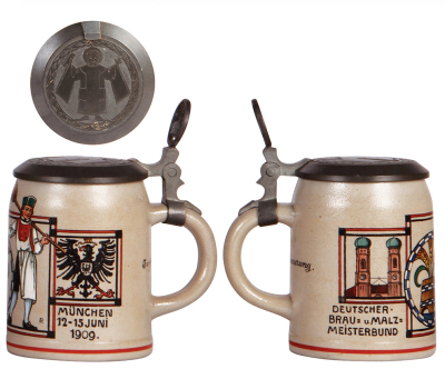 Two stoneware steins, .5L, transfer & hand-painted, Deutscher Brau u. Malz Meisterbund, München, 12. - 15. Juni, 1909, by F. Ringer, relief pewter lid, mint; with, 1.0L, transfer & hand-painted, by P. Neu, Jubiläums Oktoberfest München, 1810 - 1935, pewte - 2