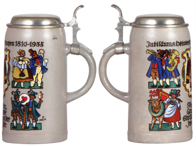 Two stoneware steins, .5L, transfer & hand-painted, Deutscher Brau u. Malz Meisterbund, München, 12. - 15. Juni, 1909, by F. Ringer, relief pewter lid, mint; with, 1.0L, transfer & hand-painted, by P. Neu, Jubiläums Oktoberfest München, 1810 - 1935, pewte - 3