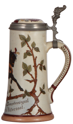 Stoneware stein, .5L, etched, #1766, by Marzi & Remy, inlaid lid, mint. - 2